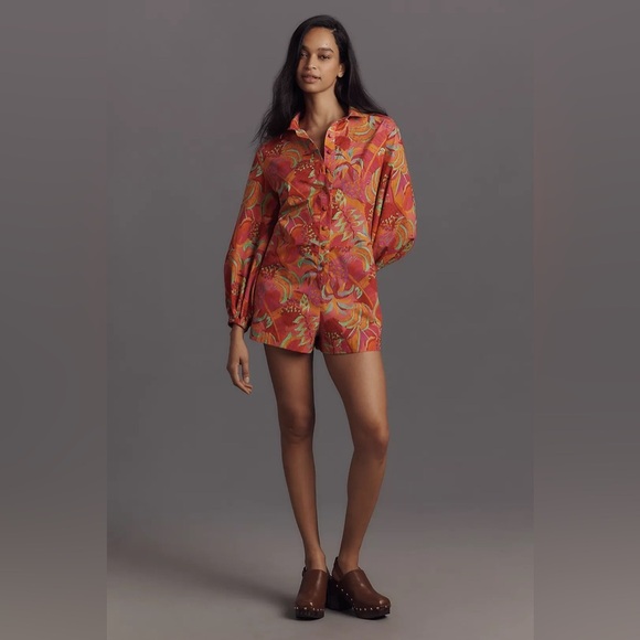 NWT Farm Rio x Anthropologie XXS Long-Sleeve Printed Collared Romper - Picture 4 of 12